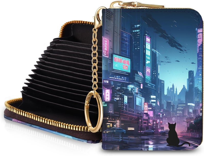 Blusabaca Cyberpunk Neon Art Credit Card Holder for Women, Small RFID Wallet with Zipper, Card Keychain Wallet, Leather Card Case, Business RFID Blocking Accordion Purse Wallet Gift - Image 1